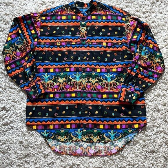 VINTAGE Wrangler Western Shirt Mens Large 16-16 1/2 Colorful Design Band Collar